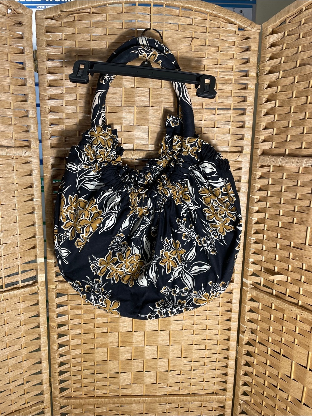 Reversible Floral Gathered Shoulder Bag - Black/Mustard w/ Ivory Button Closure